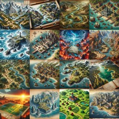 Fototapeta premium Different Battlemaps landscapes illustration. AI generated illustration