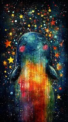 Obraz premium a painting of a rainbow-colored whale with stars in the background, set against a black backdrop The whale is surrounded by a multitude of vibrant colors, creating