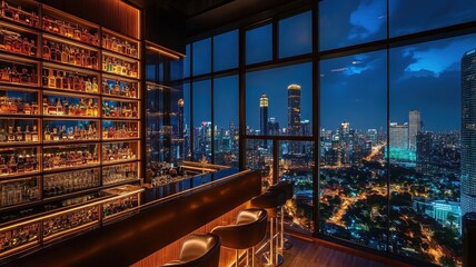 A stylish bar with a stunning city view at night, featuring illuminated shelves filled with bottles against a backdrop of skyscrapers.