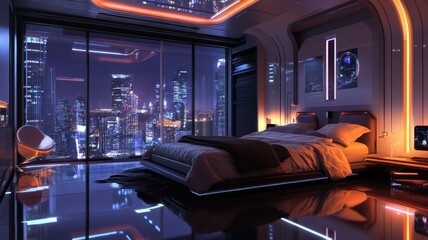 A modern bedroom with sleek design, illuminated by orange lights, offering a stunning view of a city skyline at night.
