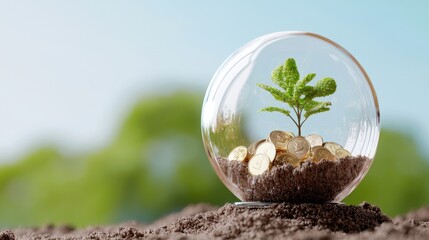 Concept of finance and investment featuring a small green plant emerging from coins inside a glass globe symbolizing growth in money and environmental sustainability