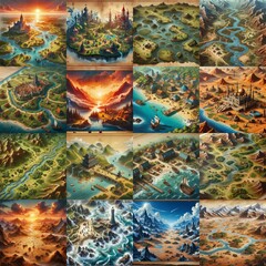 Fototapeta premium Different Battlemaps landscapes illustration. AI generated illustration