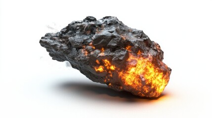  a large rock with a fiery orange and yellow flame emanating from it, set against a white background