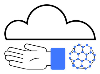 Cloud, open hand, network sphere with connecting nodes. Ideal for technology, cloud computing, data management, connectivity, collaboration digitalization communication. Line metaphor