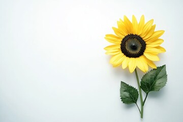 Obraz premium A single yellow sunflower with green leaves on a white background, with copy space.