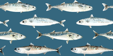 Mackerel Fish. Seamless pattern. Illustration hand drawn in watercolor in pastel colors, for marine and seaside designs, textiles, packaging and canned fish.
