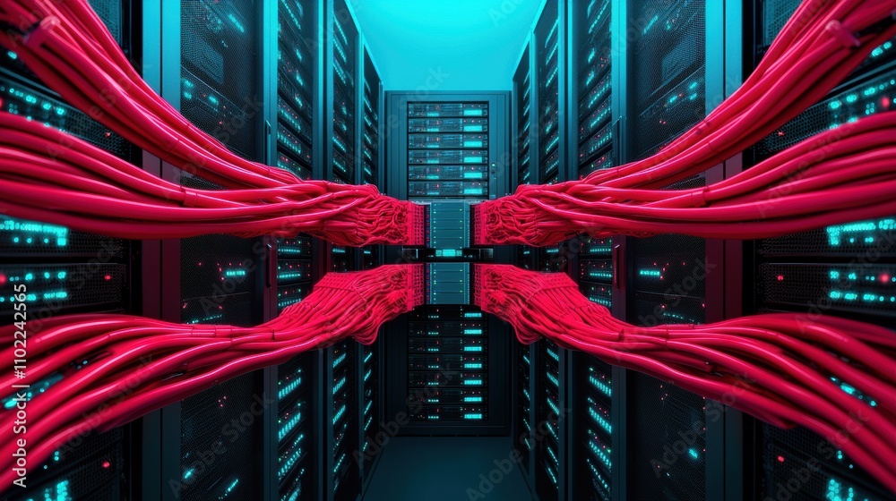 Poster a vast network of interconnected servers and data cables in a modern data center, representing the b