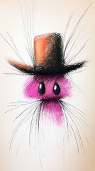  a painting of a pink cat wearing a top hat The cat has a white fur coat and a black top hat with a wide brim Its eyes are wide and alert, and its whiskers are lon