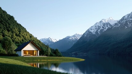 Tranquil Lakeside Retreat with Modern Architecture Surrounded by Majestic Mountains and Lush Greenery at Sunrise in a Picturesque Natural Setting