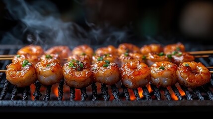 Delicious grilled shrimp skewers sizzling on a hot grill, garnished with green onions and emitting steam.