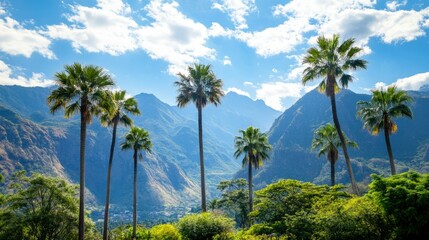 tropical landscape with tall palm trees and mountains, warm sunny day, vacation destination,