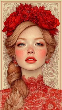  a woman with long blonde hair wearing a red dress and a flower crown on her head She has a peaceful expression on her face and her eyes are closed, giving her a se