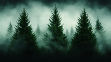 Obraz premium a dark forest with tall pine trees shrouded in fog, creating a mysterious and ethereal atmosphere