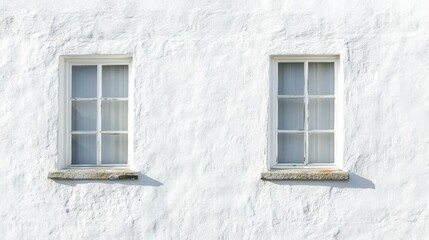 Fototapeta premium Fragment of a white wall with textures and windows, daylight, simple architecture, minimalist style, focus on texture