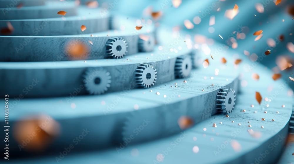 Poster a complex network of gears, cogs, and levers working together in perfect synchronization, representi