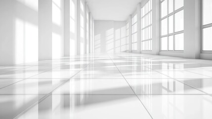Obraz premium A White Room With Large Windows And A Tiled Floor
