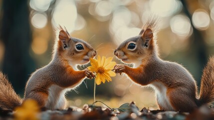 two cute squirrels facing each other with yellow flower, nature interaction on soft blurred background,
