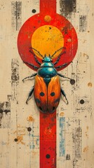  a beetle on a red and yellow background with a sun in the background The beetle is painted in vibrant colors, with its wings spread wide and its antennae reaching