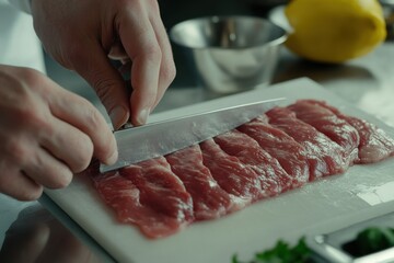 Chef skillfully slicing fresh meat with a sharp knife on a cutting board in a modern kitchen, surrounded by ingredients for a culinary creation