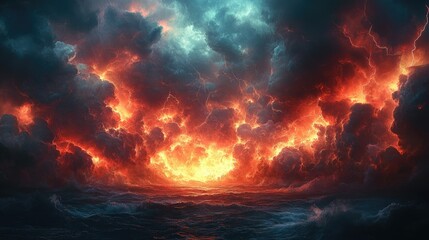 Fototapeta premium A dramatic seascape showcasing fiery clouds above turbulent waters, evoking intense emotions.