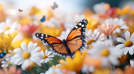 Fototapeta premium Vibrant Monarch Butterfly Resting on Colorful Wildflowers in a Lush Blooming Garden with Soft Bokeh Background Creating an Enchanting Natural Atmosphere