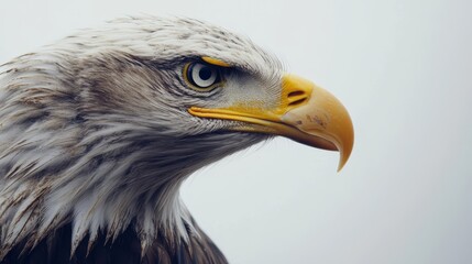 Obraz premium a close up of a bald eagle with a yellow beak against a white background Its feathers are a mix of white, black and brown, and its eyes are a piercing yellow