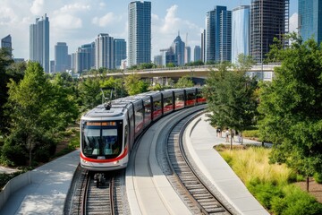 Naklejka premium Modern train navigating tracks through a vibrant urban landscape with tall buildings