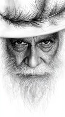 Obraz premium an old man with a white beard and a feather on his head, set against a white background His face is depicted in black and white, giving it a timeless and classic l