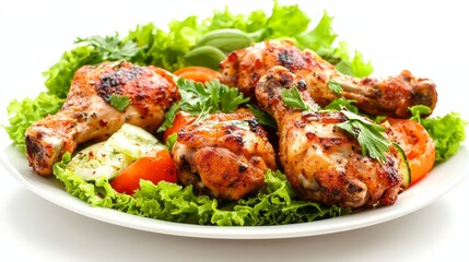  a plate of grilled chicken drumsticks with a variety of vegetables, such as lettuce, tomatoes, and cucumbers, arranged in a colorful and appetizing way The plate i