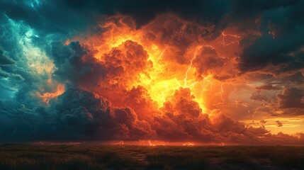 Fototapeta premium A dramatic sky filled with vibrant clouds and lightning, showcasing nature's power and beauty.
