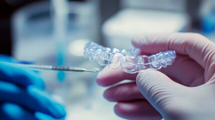 Clear aligners held by dentist with gloves