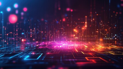 Fototapeta premium Abstract glowing lines of digital data and circuits in red, blue, and orange on a dark background.