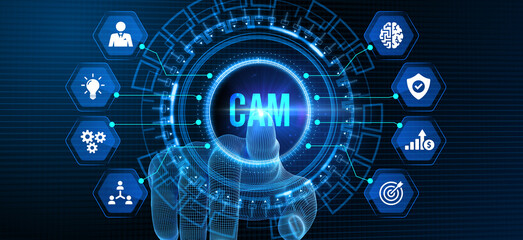 CAM Computer-aided manufacturing industrial technology automation concept. 3d illustration