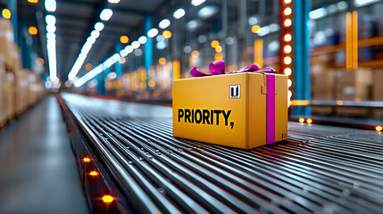 A priority package sits on a conveyor belt in a warehouse, emphasizing efficiency and timely delivery in logistics.