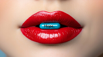 Obraz premium A striking image of red lips holding a blue pill inscribed with 