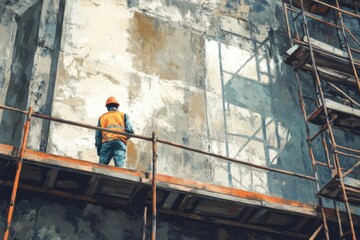 Construction Worker on Scaffold Inspecting Wall Surface Preparing for Renovation in Urban Environment Bright Colorful Illustration Style