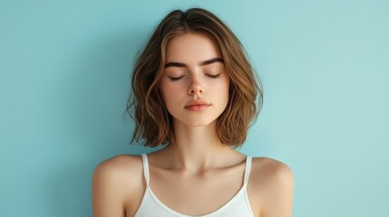 Obraz premium Young white woman with shoulder length brown hair wearing a white tank top, eyes closed, feeling relaxed, soft blue background, studio lighting