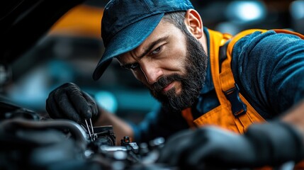 Fototapeta premium A skilled mechanic intently repairs an engine, showcasing his expertise and dedication, with tools in hand, illustrating the essence of automotive craftsmanship and precision.