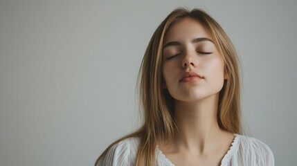 Fototapeta premium Young woman with straight blonde hair in a white blouse, eyes closed, feeling peaceful, gray background, studio lighting