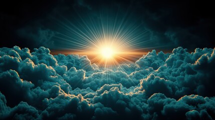 Fototapeta premium A close-up shot of the sun's rays breaking through dark clouds, symbolizing hope, renewal, and the life-giving energy of the sun.