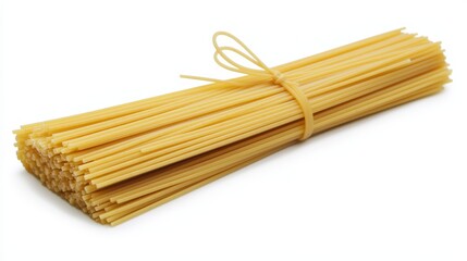  a bunch of spaghetti tied together with a rope on a white background The spaghetti is a light yellow color and the rope is a darker yellow The background is a bri