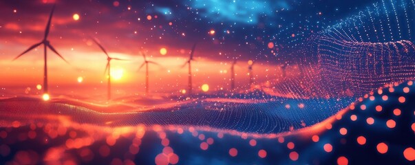 A vibrant sunset scene featuring wind turbines, digital waves, and a blend of colors, symbolizing renewable energy and technological advancement.