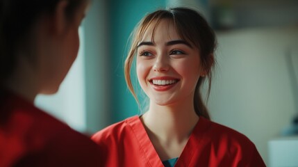 Obraz premium medical staff in uniform smiling and talking in a bright room, friendly interaction, natural daylight