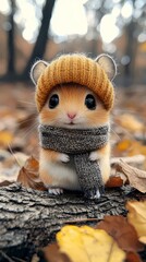 Obraz premium a cute hamster wearing a knitted hat and scarf, sitting on a tree trunk surrounded by dried leaves The background is slightly blurred, giving the image a dreamy fe