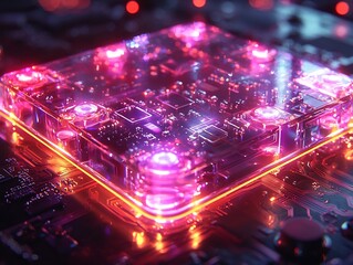 Obraz premium Futuristic Illuminated Glass Platform with Glowing Neon Lights for Tech Product Showcase