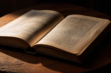 Obraz premium An old ancient open book laying on the dark wooden table in a dim of light. Christianity religion Holy Bible, Gospel, Testament, spiritual literature, sacred text illustration concept.