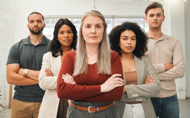 Business people, portrait and arms crossed in office for solidarity, leadership and teamwork....