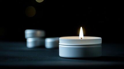 A single candle burning brightly, blurred dark background, soft glow, minimal and serene atmosphere,