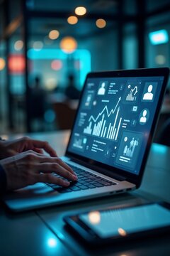 Hands typing on a modern laptop that displays analytical data and graphs in the office