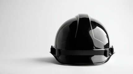 Fototapeta premium a black hard hat sitting on top of a white surface The hard hat is the focus of the image, with the white background providing a stark contrast to the dark color o